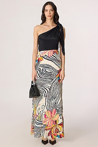 Multi-Colored Crepe Abstract Printed One-Shoulder Maxi Dress by Saaksha & Kinni