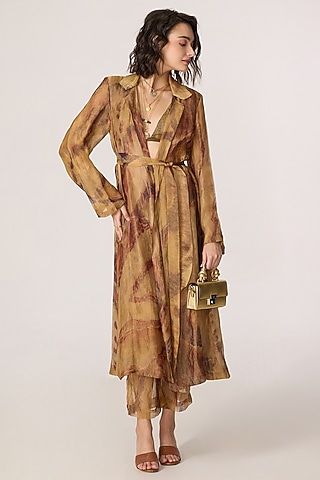 Golden Silk Tissue Abstract Patchwork Printed Trench Coat Set by Saaksha & Kinni