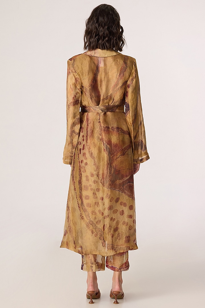 Golden Silk Tissue Abstract Patchwork Printed Trench Coat Set by Saaksha & Kinni at Pernia's Pop Up Shop