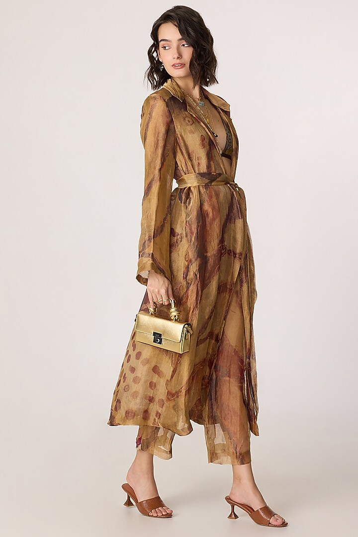 Golden Silk Tissue Abstract Patchwork Printed Trench Coat Set by Saaksha & Kinni at Pernia's Pop Up Shop
