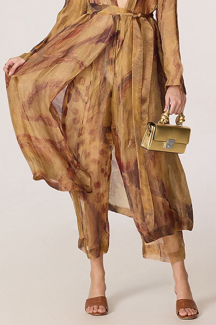 Golden Silk Tissue Abstract Patchwork Printed Trench Coat Set by Saaksha & Kinni at Pernia's Pop Up Shop