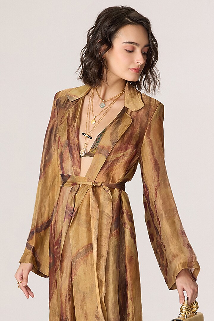 Golden Silk Tissue Abstract Patchwork Printed Trench Coat Set by Saaksha & Kinni at Pernia's Pop Up Shop