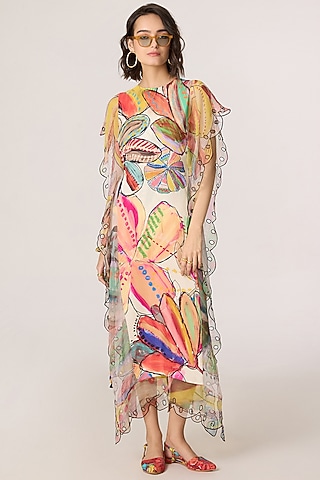 Multi-Colored Habutai Abstract Floral Printed Maxi Dress by Saaksha & Kinni
