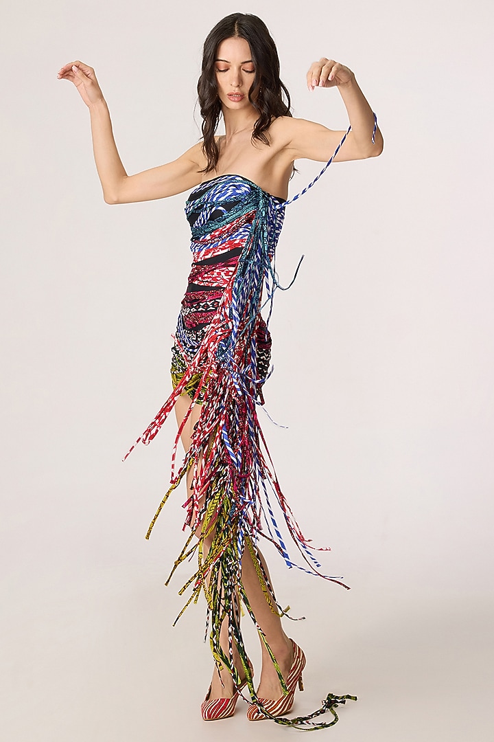 Multi-Colored Chiffon Abstract Printed Strapless Mini Party Wear Dress by Saaksha & Kinni at Pernia's Pop Up Shop