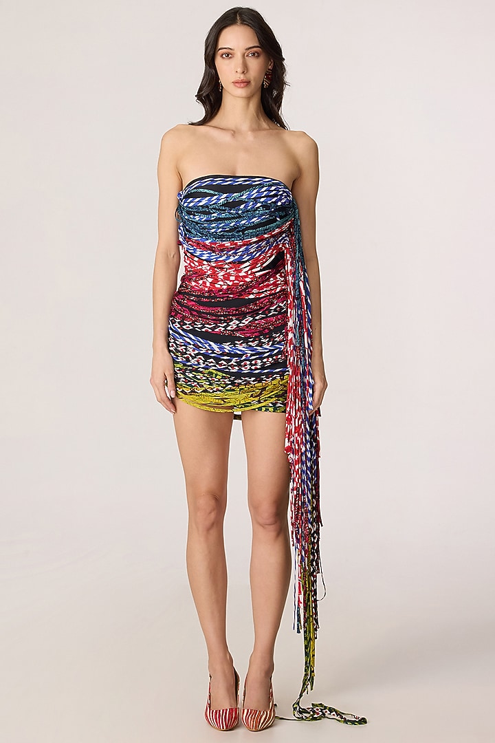 Multi-Colored Chiffon Abstract Printed Strapless Mini Party Wear Dress by Saaksha & Kinni at Pernia's Pop Up Shop