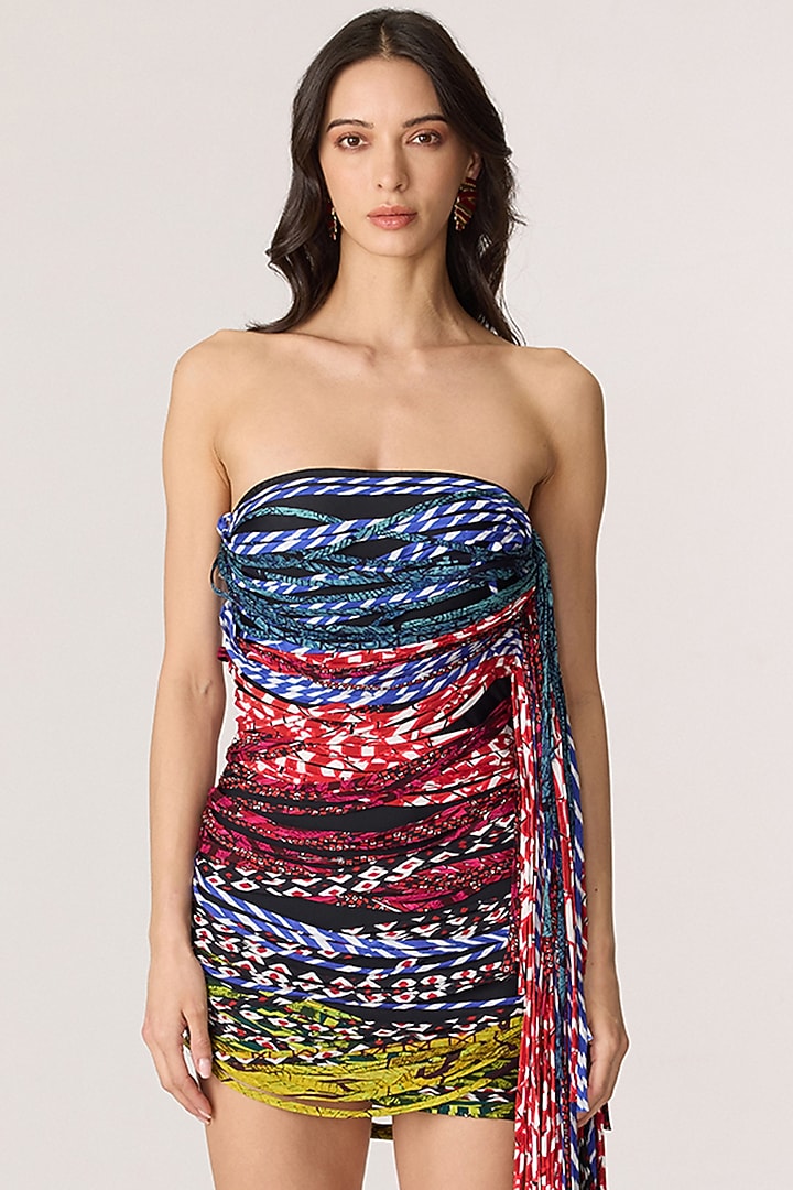 Multi-Colored Chiffon Abstract Printed Strapless Mini Party Wear Dress by Saaksha & Kinni at Pernia's Pop Up Shop