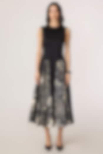 Black & Grey Stretch Cotton Abstract Floral Printed Midi Vacation Dress by Saaksha & Kinni at Pernia's Pop Up Shop