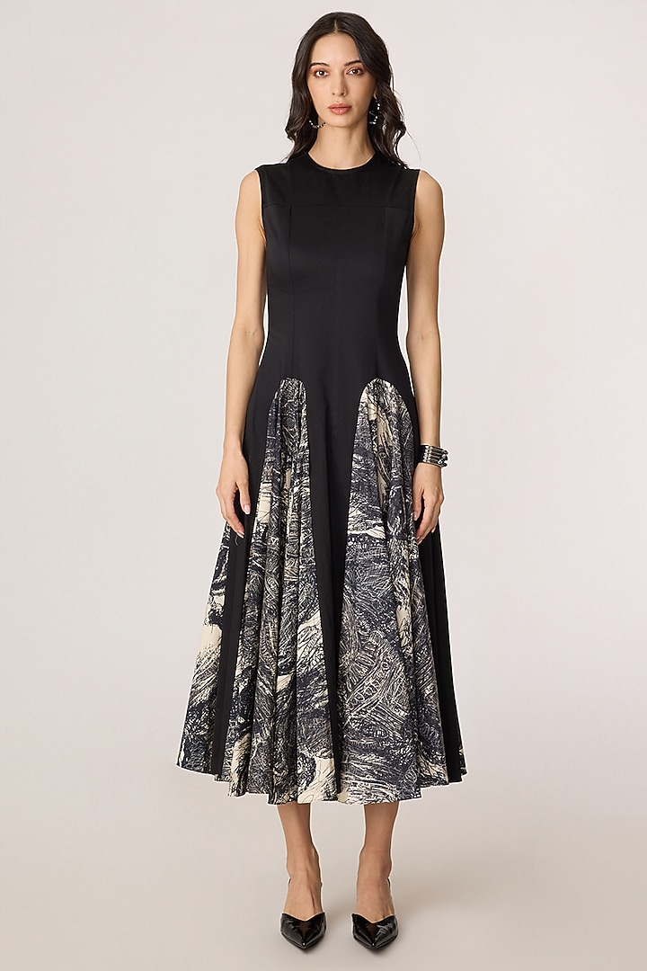Black & Grey Stretch Cotton Abstract Floral Printed Midi Vacation Dress by Saaksha & Kinni at Pernia's Pop Up Shop