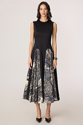 Black & Grey Stretch Cotton Abstract Floral Printed Midi Dress by Saaksha & Kinni