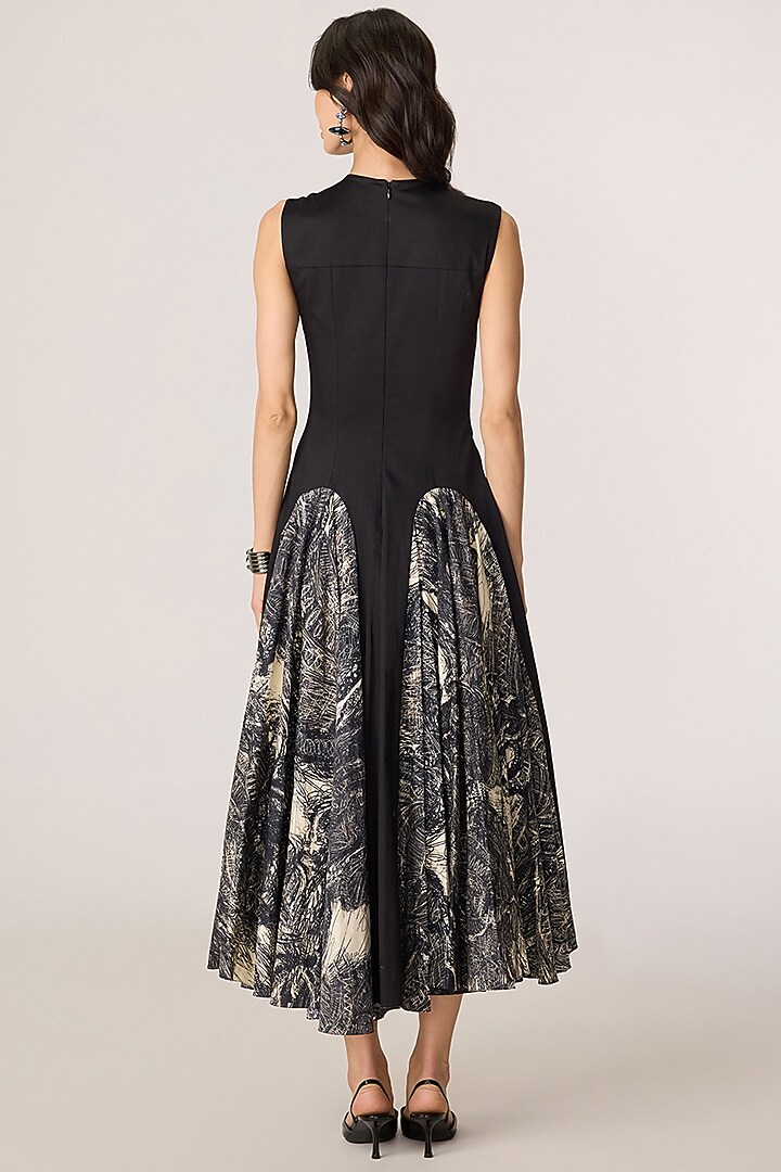 Black & Grey Stretch Cotton Abstract Floral Printed Midi Vacation Dress by Saaksha & Kinni at Pernia's Pop Up Shop