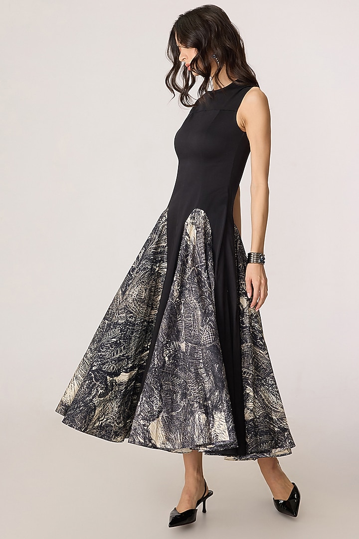 Black & Grey Stretch Cotton Abstract Floral Printed Midi Vacation Dress by Saaksha & Kinni at Pernia's Pop Up Shop