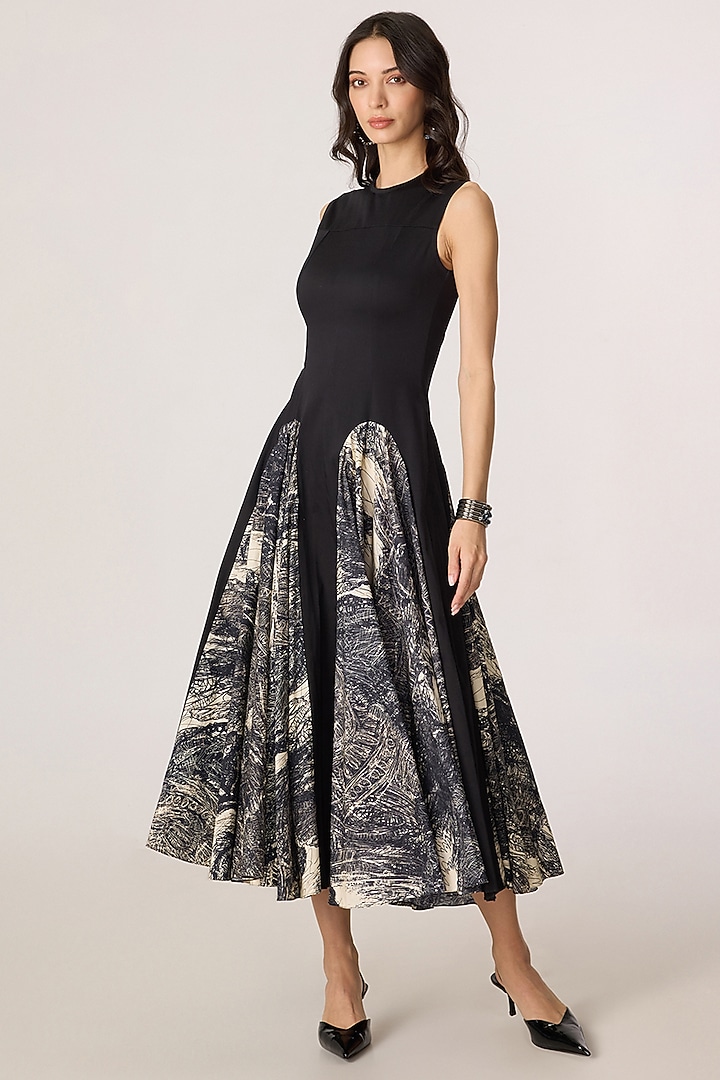 Black & Grey Stretch Cotton Abstract Floral Printed Midi Vacation Dress by Saaksha & Kinni at Pernia's Pop Up Shop