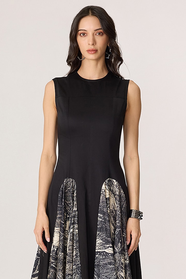 Black & Grey Stretch Cotton Abstract Floral Printed Midi Vacation Dress by Saaksha & Kinni at Pernia's Pop Up Shop
