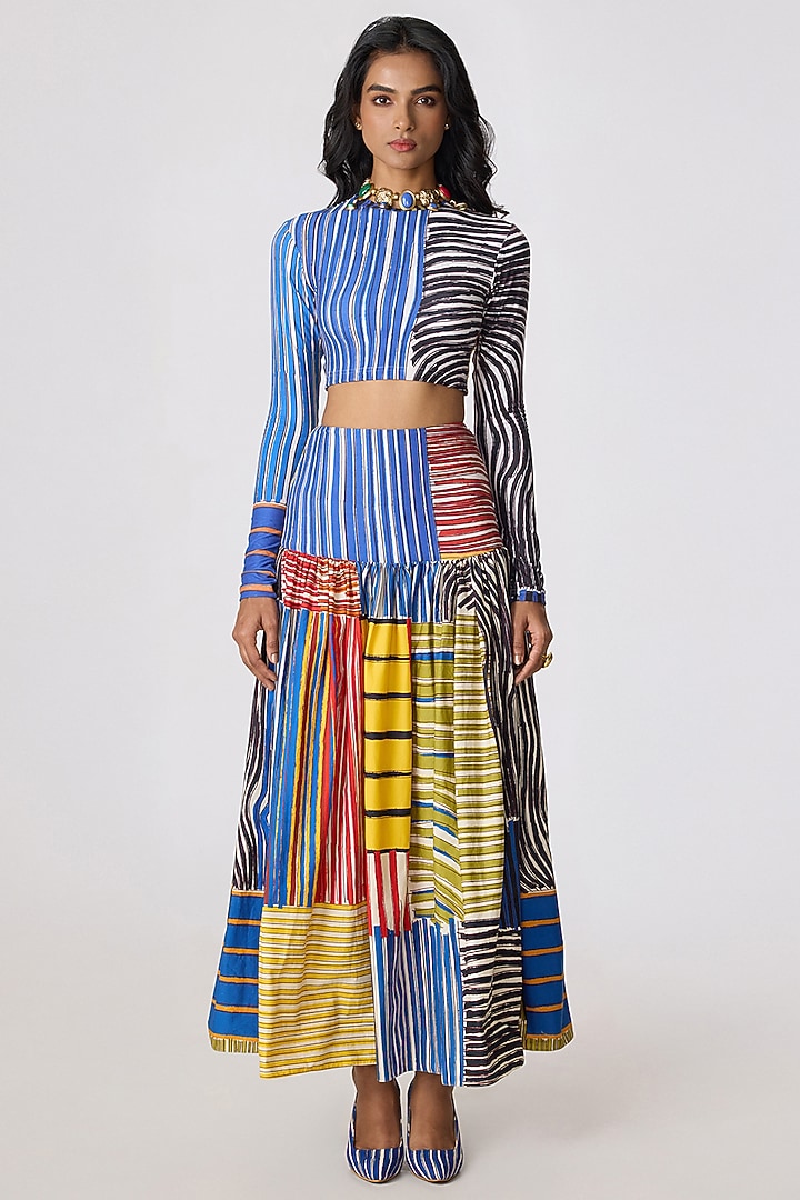 Multi-Colored Cotton Lycra Abstract Floral Printed Skirt Set by Saaksha & Kinni at Pernia's Pop Up Shop