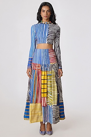Multi-Colored Cotton Lycra Abstract Floral Printed Skirt Set by Saaksha & Kinni