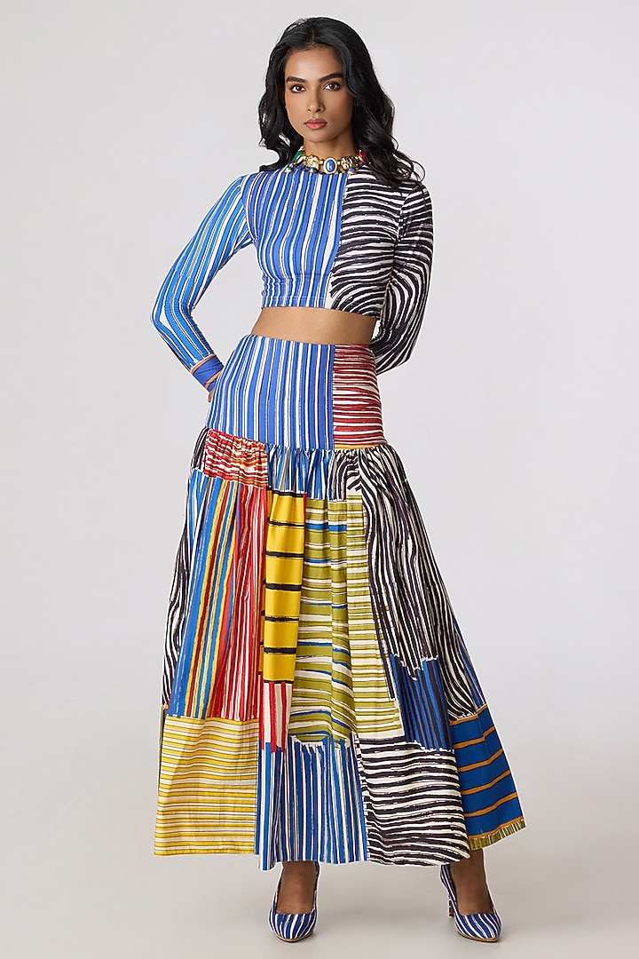 Multi-Colored Cotton Lycra Abstract Floral Printed Skirt Set by Saaksha & Kinni at Pernia's Pop Up Shop
