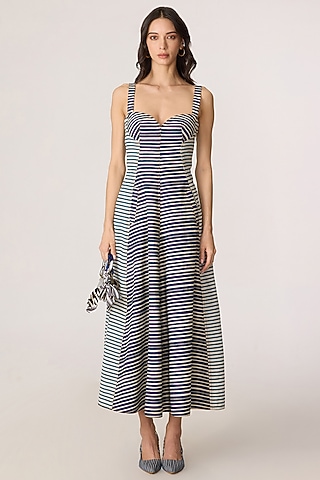 Grey Denim Striped Midi Dress by Saaksha & Kinni