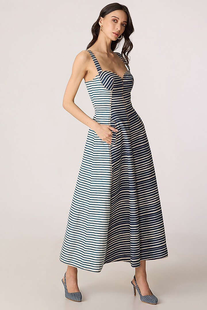 Grey Denim Striped Midi Vacation Dress by Saaksha & Kinni at Pernia's Pop Up Shop
