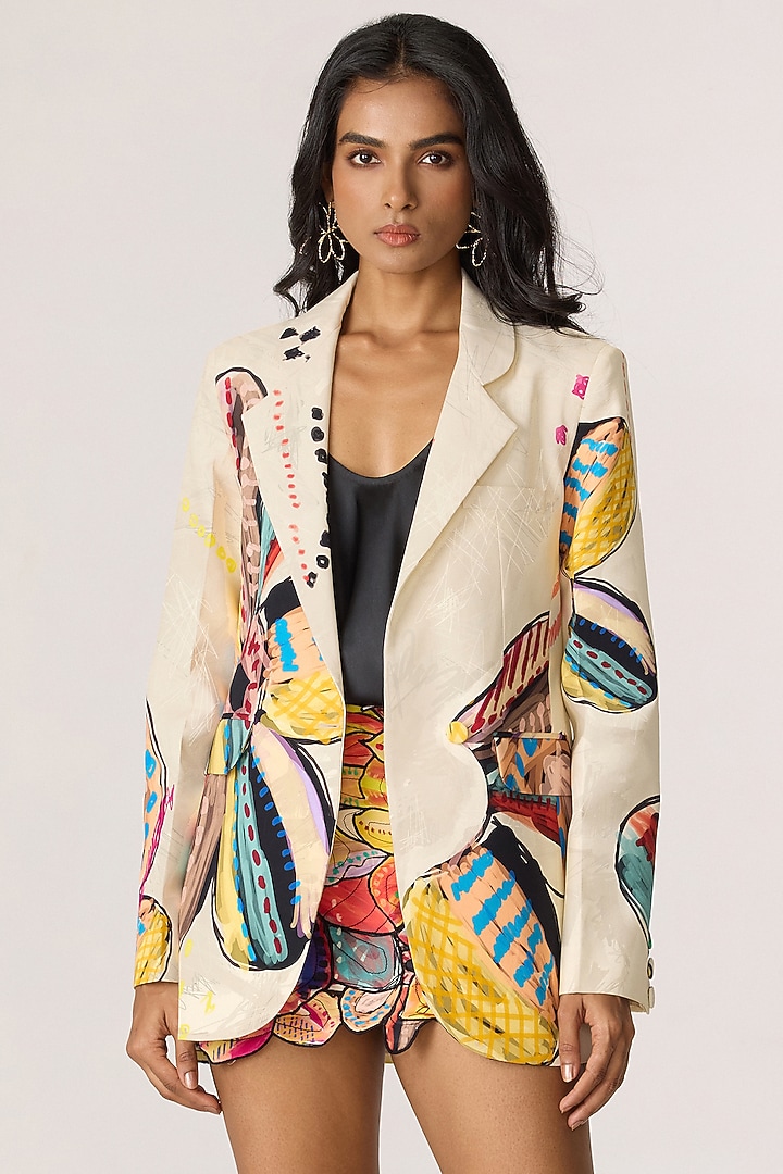 Multi-Colored Crepe Abstract Floral Printed Blazer Set by Saaksha & Kinni at Pernia's Pop Up Shop