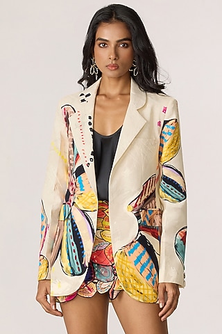 Multi-Colored Crepe Abstract Floral Printed Blazer Set by Saaksha & Kinni