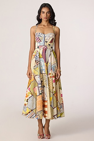 Multi-Colored Cotton Cambric Patchwork Printed Maxi Dress by Saaksha & Kinni