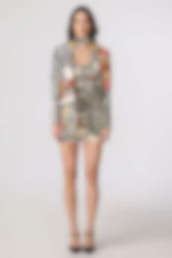 Multi-Colored Chiffon Doodle Printed Party Wear Dress With Blazer by Saaksha & Kinni at Pernia's Pop Up Shop