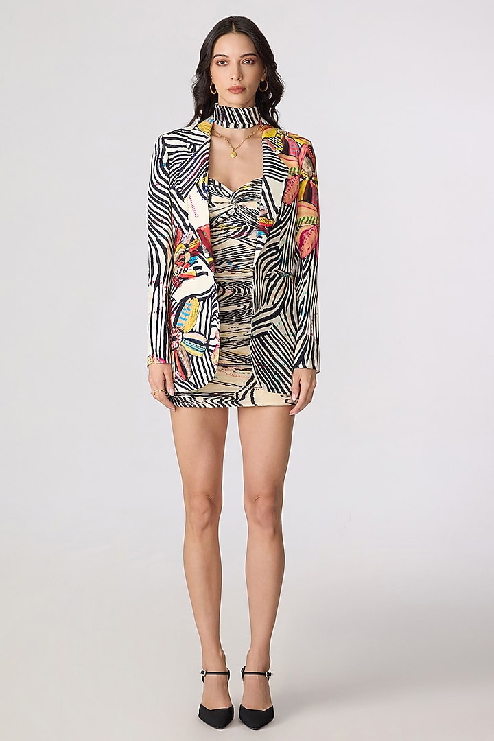 Multi-Colored Chiffon Doodle Printed Party Wear Dress With Blazer by Saaksha & Kinni at Pernia's Pop Up Shop