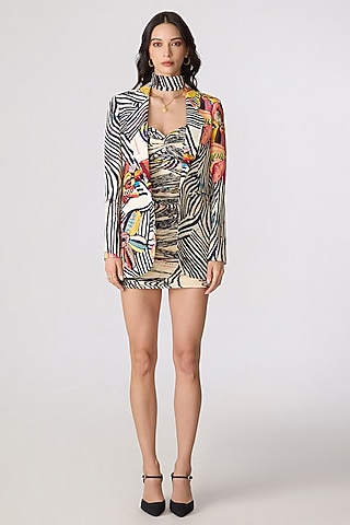Multi-Colored Chiffon Doodle Printed Dress With Blazer by Saaksha & Kinni