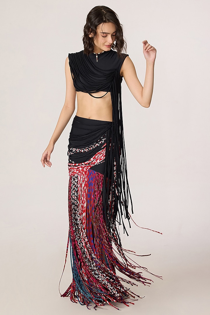 Multi-Colored Lycra & Chiffon Abstract Printed Skirt Set by Saaksha & Kinni at Pernia's Pop Up Shop