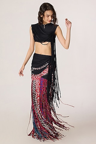 Multi-Colored Lycra & Chiffon Abstract Printed Skirt Set by Saaksha & Kinni