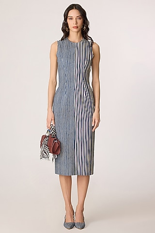 Blue & Grey Denim Striped Midi Dress by Saaksha & Kinni