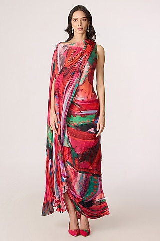 Multi-Colored Poly Florence Chiffon Floral Printed Maxi Dress by Saaksha & Kinni