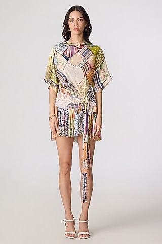 Multi-Colored Satin Twill Floral Printed Mini Dress by Saaksha & Kinni