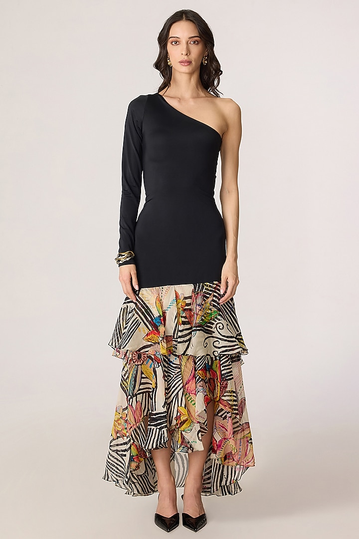 Multi-Colored Chiffon Abstract Printed One-Shoulder Maxi Vacation Dress by Saaksha & Kinni at Pernia's Pop Up Shop