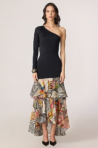 Multi-Colored Chiffon Abstract Printed One-Shoulder Maxi Dress by Saaksha & Kinni