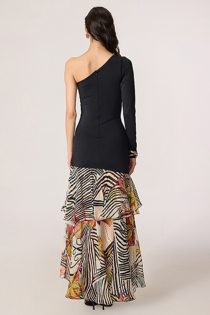 Multi-Colored Chiffon Abstract Printed One-Shoulder Maxi Vacation Dress by Saaksha & Kinni at Pernia's Pop Up Shop