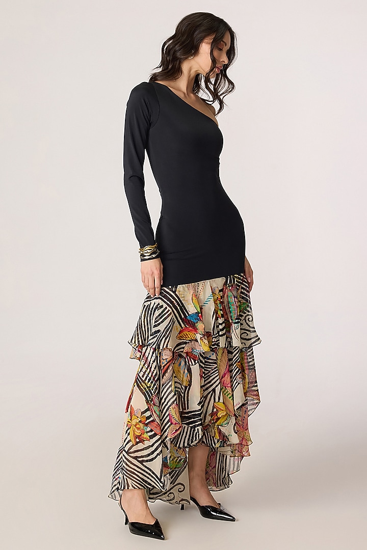 Multi-Colored Chiffon Abstract Printed One-Shoulder Maxi Vacation Dress by Saaksha & Kinni at Pernia's Pop Up Shop