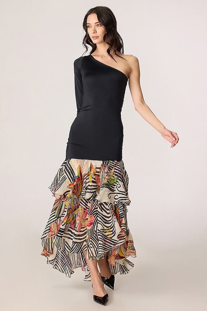 Multi-Colored Chiffon Abstract Printed One-Shoulder Maxi Vacation Dress by Saaksha & Kinni at Pernia's Pop Up Shop