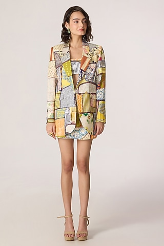 Multi-Colored Crepe Patchwork Printed Blazer Set by Saaksha & Kinni