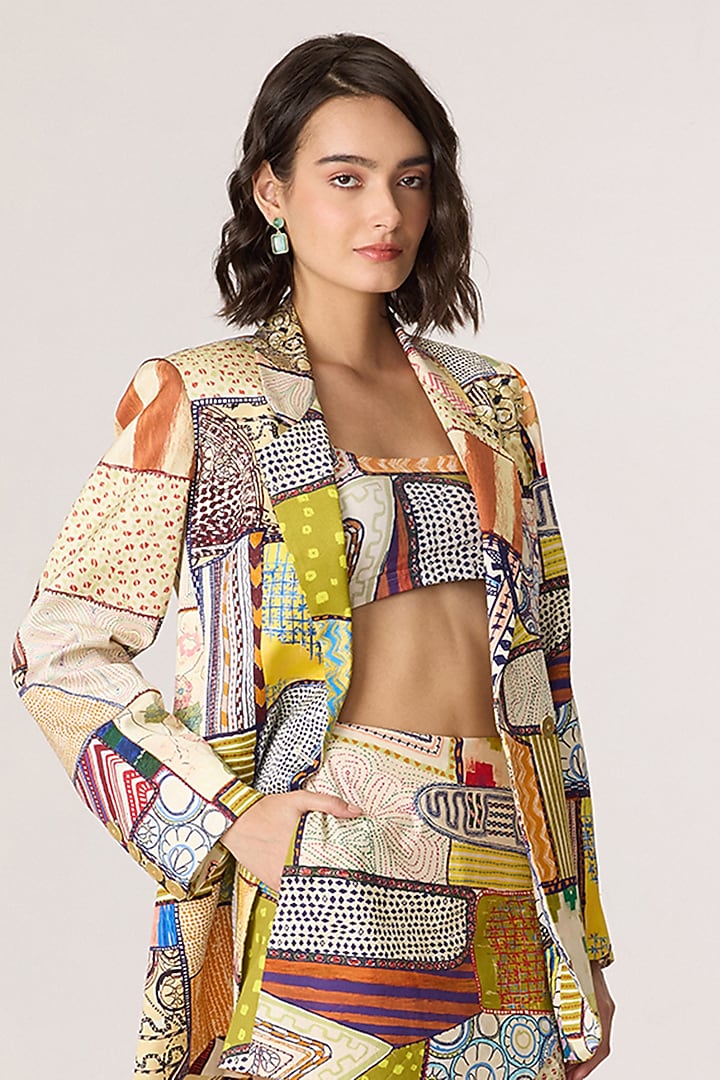 Multi-Colored Crepe Patchwork Printed Blazer Set by Saaksha & Kinni at Pernia's Pop Up Shop