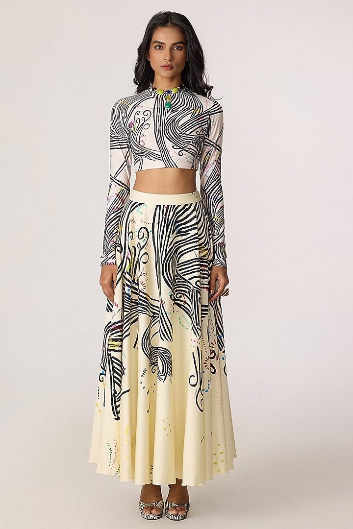 Multi-Colored Cambric Doodle Printed High-Waist Skirt Set by Saaksha & Kinni at Pernia's Pop Up Shop