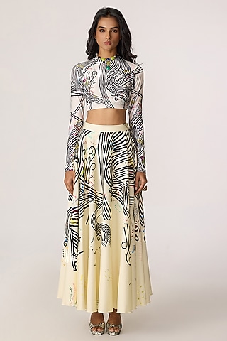 Multi-Colored Cambric Doodle Printed High-Waist Skirt Set by Saaksha & Kinni