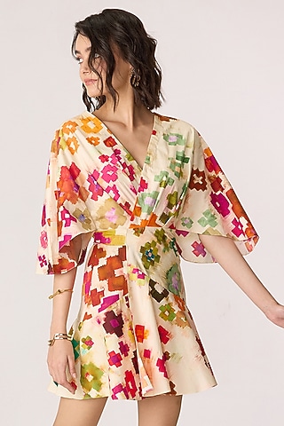 Multi-Colored Stretch Cotton Ikat Printed Mini Kimono Dress by Saaksha & Kinni