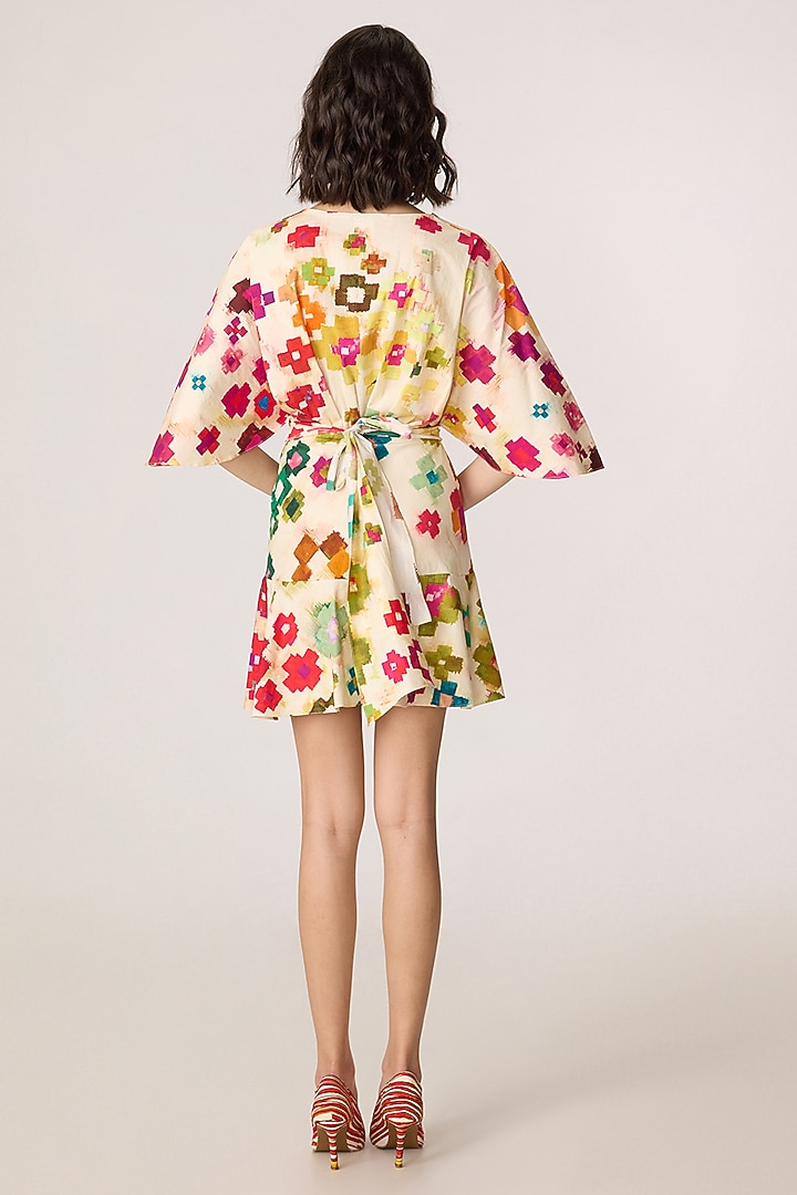 Multi-Colored Stretch Cotton Ikat Printed Mini Kimono Vacation Dress by Saaksha & Kinni at Pernia's Pop Up Shop