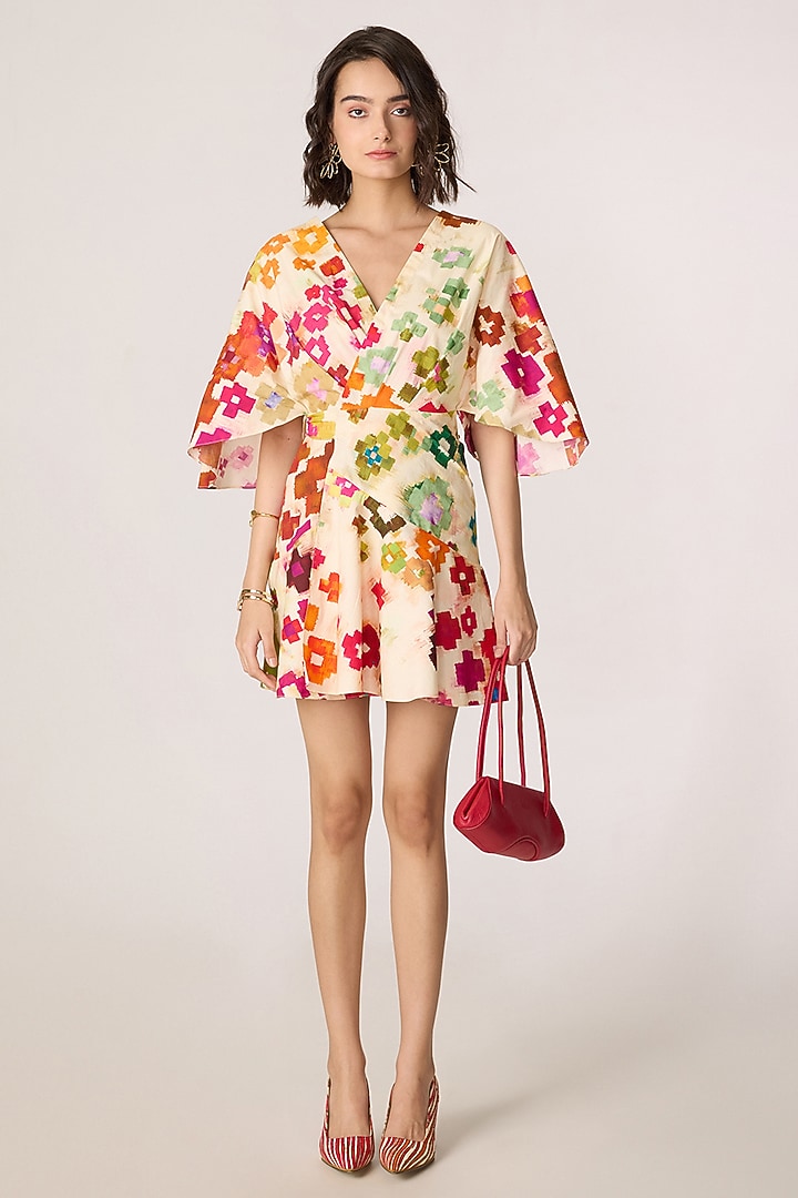 Multi-Colored Stretch Cotton Ikat Printed Mini Kimono Vacation Dress by Saaksha & Kinni at Pernia's Pop Up Shop