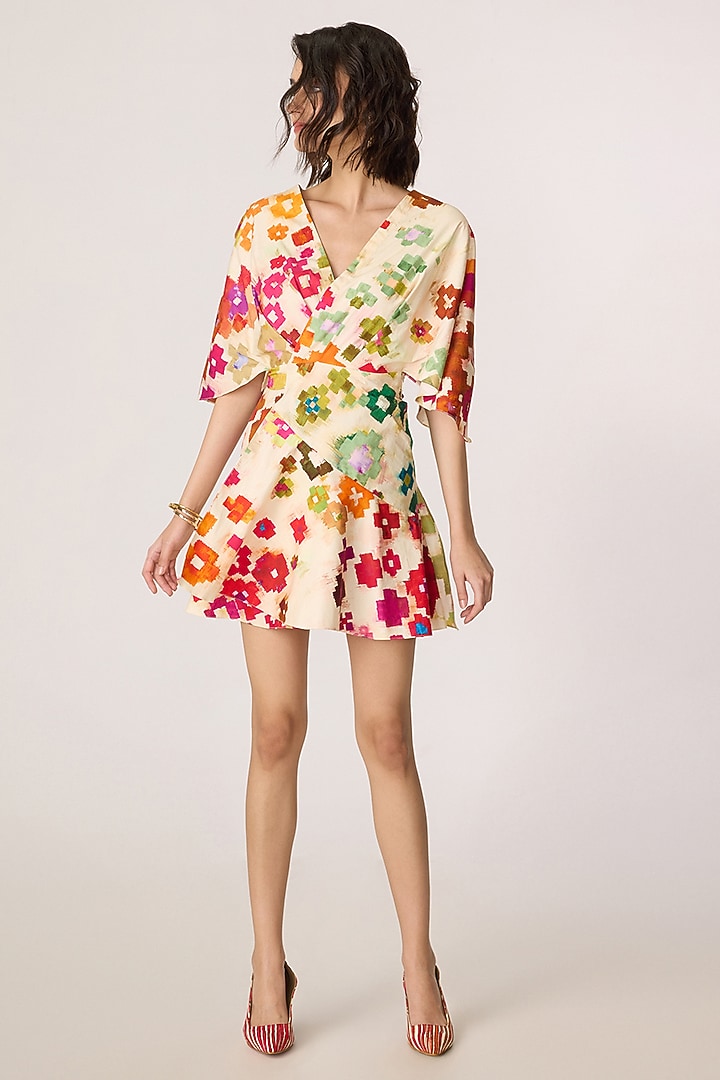 Multi-Colored Stretch Cotton Ikat Printed Mini Kimono Vacation Dress by Saaksha & Kinni at Pernia's Pop Up Shop
