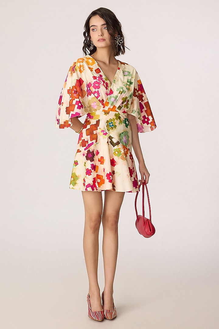Multi-Colored Stretch Cotton Ikat Printed Mini Kimono Vacation Dress by Saaksha & Kinni at Pernia's Pop Up Shop