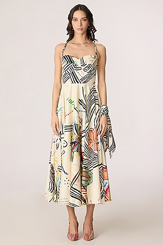 Multi-Colored Cotton Cambric Doodle Printed Maxi Dress by Saaksha & Kinni