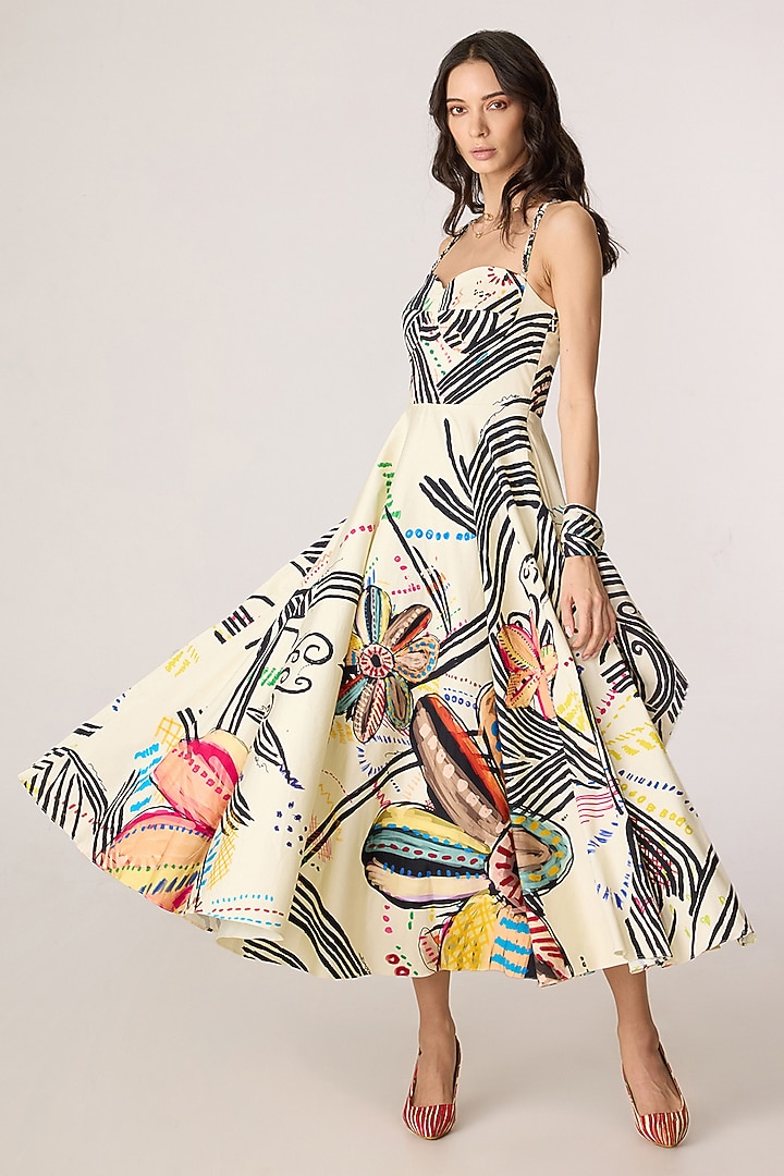 Multi-Colored Cotton Cambric Doodle Printed Maxi Vacation Dress by Saaksha & Kinni at Pernia's Pop Up Shop