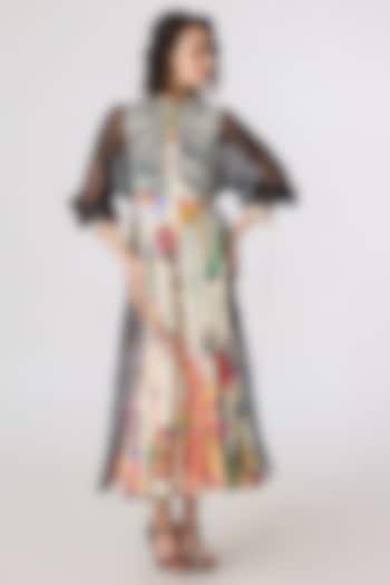 Multi-Colored Chanderi Doodle Printed Midi Vacation Dress by Saaksha & Kinni at Pernia's Pop Up Shop